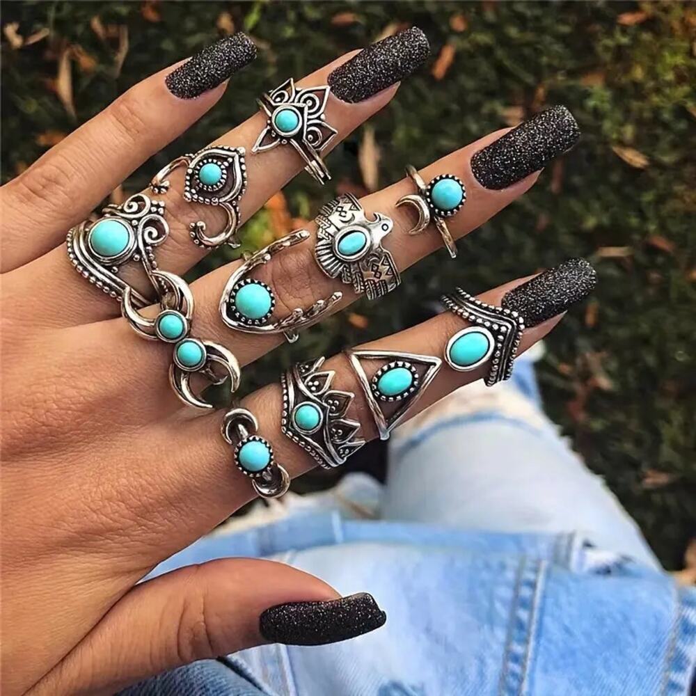 NEW 11pc - SZ 6-8 Silver Stackable Ring Set – Boho Vintage Fashion Jewelry
